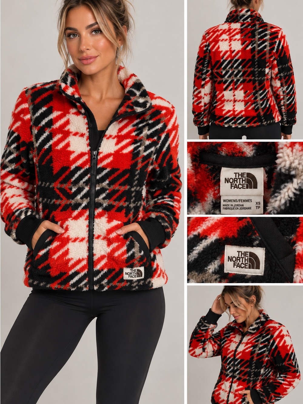 The North Face Red, Black & White Plaid Teddy Fleece Jacket